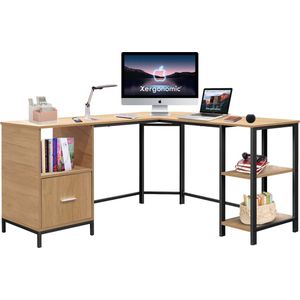 Xergonomic Industrieel hoekbureau met kastje– Stalen frame met houten hoekbureaublad – Stevige laptoptafel – 150x137x75 cm - Zwart/Naturel