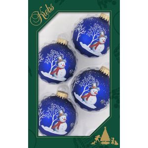 Krebs Kerstballen - 4 stuks - blauw - sneeuwpop - glas - 7 cm