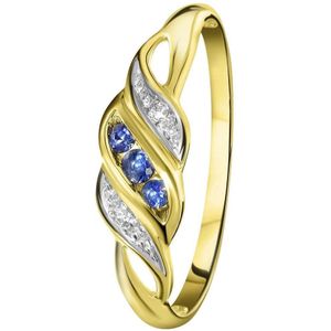 Lucardi Dames Ring met saffier en diamant 0,11ct - Ring - Moederdag Cadeautje - 14 Karaat Goud - Geelgoud
