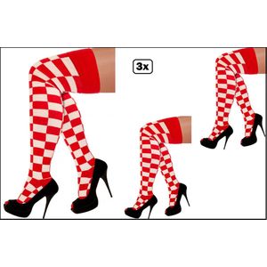 3x Paar Lange sokken geblokt rood/wit - maat 36-41 - kniekousen rood/witte overknee kousen sportsokken cheerleader carnaval voetbal hockey unisex festival