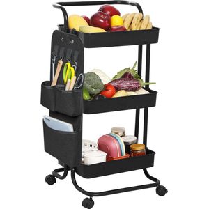 Keukentrolley op wieltjes - Serveerwagen - Verrijdbaar - Trolley Keuken - Met Afneembare Zijvakken & Rem - Hanamura