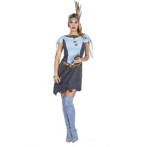 Wilbers & Wilbers - Indiaan Kostuum - Hupa Hoopa Indiaan Wilde Westen - Vrouw - Blauw, Grijs - Maat 44 - Carnavalskleding - Verkleedkleding