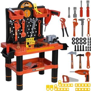 Playos® - Speelgoedwerkbank - Rood / Zwart - met Boormachine - Gereedschap - Klussen - Rollenspel Speelgoed - Educatief Speelgoed - Speelgoed Gereedschap - Werktafel - Werkbank -Bouwset