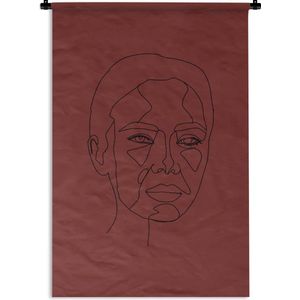 Wandkleed Line-art Vrouwengezicht - 16 - Line-art illustratie voorkant vrouwengezicht op een rode achtergrond Wandkleed katoen 90x135 cm - Wandtapijt met foto