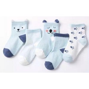 5 paar New born Baby sokken - set babysokjes - 0-6 maanden - blauwe beren sokken - babysokken - multipack - dierensokken