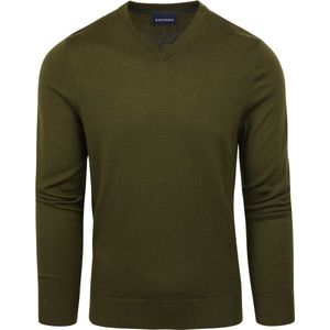 Suitable - Merino Pullover V-Hals Olijfgroen - Heren - Maat M - Slim-fit