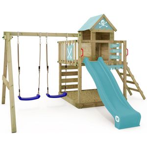 WICKEY speeltoestel klimtoestel Smart Cave met schommel & pastelblauwe glijbaan, outdoor klimtoren voor kinderen met zandbak, ladder & speelaccessoires voor de tuin
