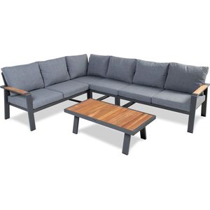 Loungeset Aluminium Belito® Lotte - Tuinset 6 persoons - Antraciet - Waterafstotende Olefin Kussens - Teakhouten tafel en leuningen - Weerbestendig - Natuurlijke look