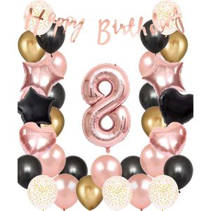 Snoes Ballonnen 8 Jaar Set Rose Black Zwart Ballonen set - Compleet Feestpakket Cijferballon 8 Jaar - Verjaardag Versiering Slinger Happy Birthday – Folieballon – Latex Ballonnen - Helium Ballonnen