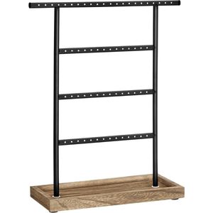 JJS019B01 Jewellery Stand with Jewellery Tray 4 Bars Chain Stand Wooden Base Jewellery Storage for Earrings Stud Earrings Vintage Style Wood Black