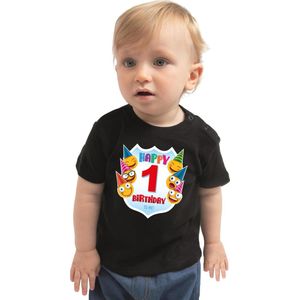 Happy birthday 1e verjaardag t-shirt - unisex - jongens - meisjes - 1 jaar shirt met emoticons zwart voor baby 80