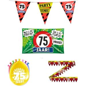 75 jaar versiering pakket - Versiering Verjaardag - Versiering 75 Jaar Verjaardag - Slingers - Gevelvlag- Ballonnen - Afzetlint