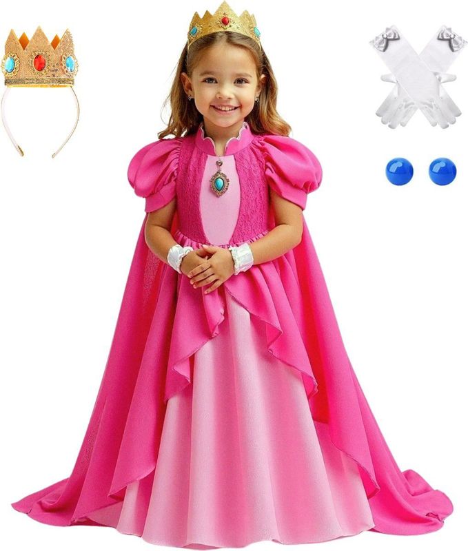 Joya Kids® Princess Peach verkleed jurk voor kinderen | Verkleedjurk Meisje Prinses | Halloween kostuum | Mario thema | Carnaval kleding | Peach prinsessen kostuum Jurk | Maat 130