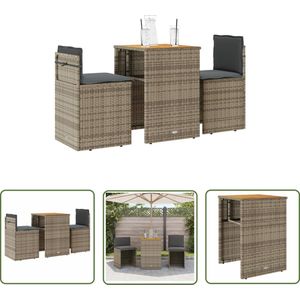 The Living Store 3-delige Bistroset met kussens poly rattan grijs - Bistroset - Tuinmeubels - Buitenshuis Eten - Terrasdecoratie - Acacia Hout