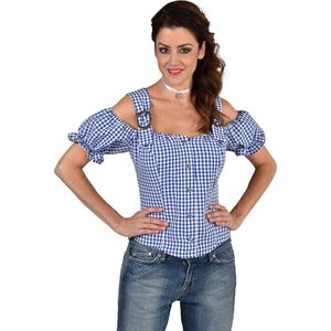 Magic By Freddy's - Boeren Tirol & Oktoberfest Kostuum - Blauw Wit Geblokte Bier Hier Blouse Vrouw - Blauw, Wit / Beige - XXL - Bierfeest - Verkleedkleding