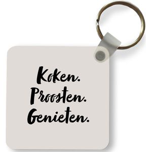 Sleutelhanger - Uitdeelcadeautjes - Koken. proosten. genieten. - Quote - Taupe - Plastic