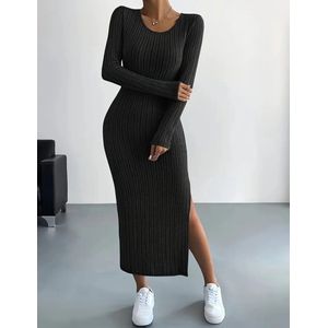 Sexy corrigerende warme geplisseerde stretch trui jurk zwart met split maat XL model 01