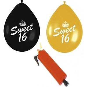 24x Sweet 16 ballonnenpakket zwart en goud inclusief pomp