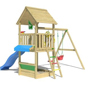 Jungle Gym speeltoestel van grenen hout - Jungle Suite met blauwe glijbaan - Tuin speeltoestel voor buiten met zandbak en schommels