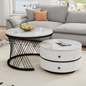 Sweiko Nesting Salontafel - Set van 2 - Hoogglans marmerlook - Rond - 2 laden - Wit