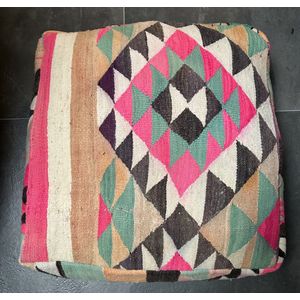 Marokkaanse Kelim poef - 007 - meerkleurig - 60 x 60 x 20 cm - inclusief vulling - vintage poef - zitzak - zitkussen - poefen