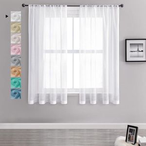 Gordijnen Kant en Klaar met Haakjes - Voile halftransparant kort linnenlook wit 137 x 140 cm (h x b) voor woonkamer slaapkamer kinderkamer - Set van 2 Gordijnen Kant en Klaar met Haakjes