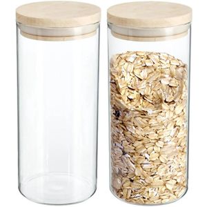 2x stuks voorraadbussen/voorraadpotten 1,3L glas met houten deksel - 1300 ml - Voorraadpotten met luchtdichte deksel