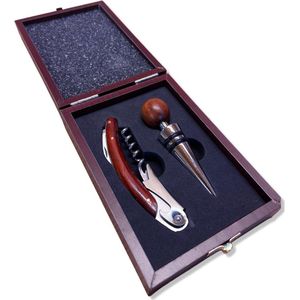 Luxe Wijn geschenkset - Kersenhout Box met RVS accessoires  - Wijn cadeaubox met kurkentrekker en wijnstop