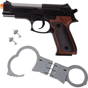 Speelgoedpistool met handboeien - Zwart / Bruin - Kunststof - 21 x 15 cm - Speelgoedwapen - Speelgoedpistool - Speelgoed