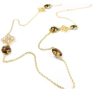 Zilveren collier halsketting geel goud verguld Model Glossy Stones gezet met bruine stenen