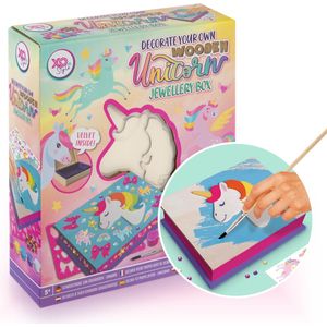 Grafix Decoreer je eigen Unicorn Sieradendoosje - MYO Sieradendoosje - Knutselen voor Kinderen - Velvet Binnenkant - Inclusief Verf, Penseel, Plak Diamanten, Stickers en Stencils