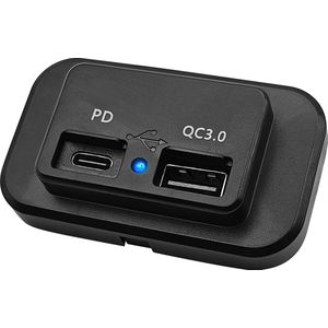 12V USB Autolader 2 Poorten Opbouw - QC3.0 - POUSB-4QC - USB C Stopcontact Auto, Boot en Camper - Blauw