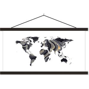 Wanddecoratie - Wereldkaart - Goud - Zilver - Zwart - Schoolplaat - 90x45 cm - Textielposter - Textiel poster