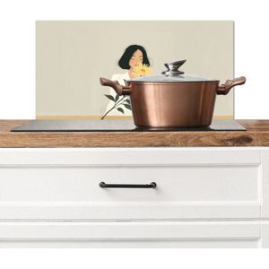 Spatscherm keuken 70x30 cm - Kookplaat achterwand Vrouw - Bloem - Geel - Minimalistisch - Muurbeschermer - Spatwand fornuis - Hoogwaardig aluminium