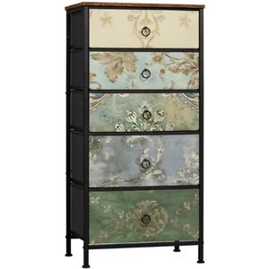 Ladekast met 5 Lades - Dressoir met Vintage Houtlook & Metaal Frame - Voor Slaapkamer, Woonkamer of Hal - Lichtgewicht & Stevig - Opbergkast met Bovenblad - 45,5x95,5x30 cm - Bloemenmotief