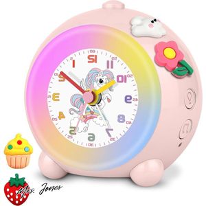 Mrs. Jones TENOCK Analoge Kinderwekker Zonder Tikken Jongens Kleurrijke Lichtwekker Instelbaar Volume En Gemakkelijk Afleesbare Tijd Voor Jongenskamerdecoratie - Roze .