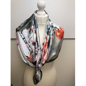 Vierkante dames sjaal Barbara gebloemd motief antraciet roze wit grijs rood blauw 90x90