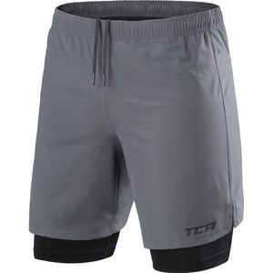 TCA Ultra 2-in-1 trainingsbroek heren - Korte sportbroek heren - Joggingbroek kort gym of fitness - Hardloopbroek heren - Sport shorts met ritszakje - Grijs (2x ritszakken), XXL