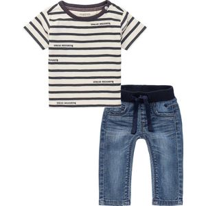 Noppies - Kledingset - 2delig - Broek Navoi jeans medium wash - shirt  shirt Hyesan gestreept  - Maat 56