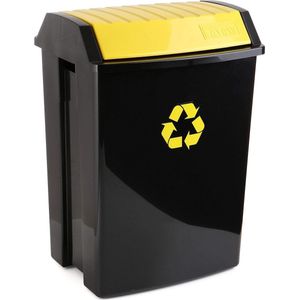 Vuilnisbak, inhoud 50 liter, kantelbaar deksel, polypropyleen, BPA-vrij, UVA-bescherming, geel. Afmetingen 40,5 x 33,5 x 57,5 cm