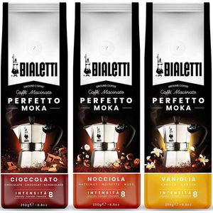 Bialetti Perfetto Moka Gemalen Koffie Smaken proefpakket - 3 x 250 gram - Cioccolato, Nocciola en Vaniglia