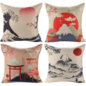 Decoratieve kussenovertrekken, zacht katoen/linnen, 45 x 45 cm; set van 4 stuks, Japanse stijl B, 45 x 45 cm
