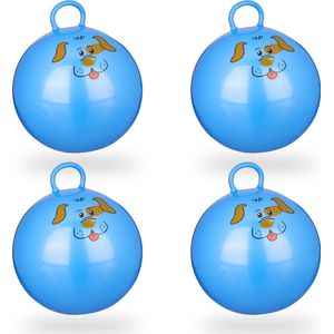 Relaxdays 4 x skippybal in set - voor kinderen - hond design - springbal - blauw