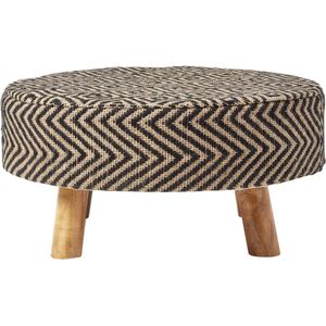 Homescapes Ronde jute kruk met houten poten – etnisch patroon zwart-naturel, 62 x 62 x 30 cm