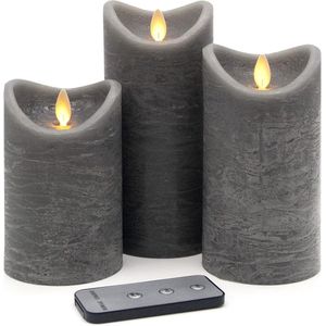 Set van 3 LED Kaarsen met Timer Afstandsbediening Ø8x13+15+18cm beweegbare dansende Kaarslampjes Vlam Grijs Rustiek