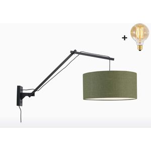 Wandlamp met Lange Arm - ANDES - Zwart Bamboe - Groen Linnen - Met LED-lamp