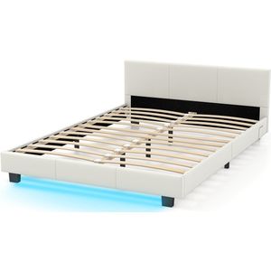 COSTWAY Bed met ledverlichting, 140 x 200 cm, gestoffeerd bed met lattenbodem, tweepersoonsbed met hoofdeinde, bedframe, bedframe, wit