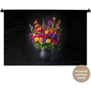 Wandkleed 90x60 cm - Wanddoek Felgekleurd - Bloemen - Vaas - Wandtapijt - Wandkleden