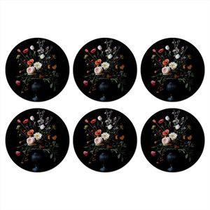 Onderzetters voor glazen - Rond - Bloemstuk - Vaas - Zwart - 10x10 cm - Glasonderzetters - 6 stuks