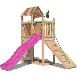 Jungle Gym speeltoestel van douglas hout - Jungle Roamer met roze glijbaan - Tuin speeltoestel voor buiten met zandbak, klimwand en klimhelling
